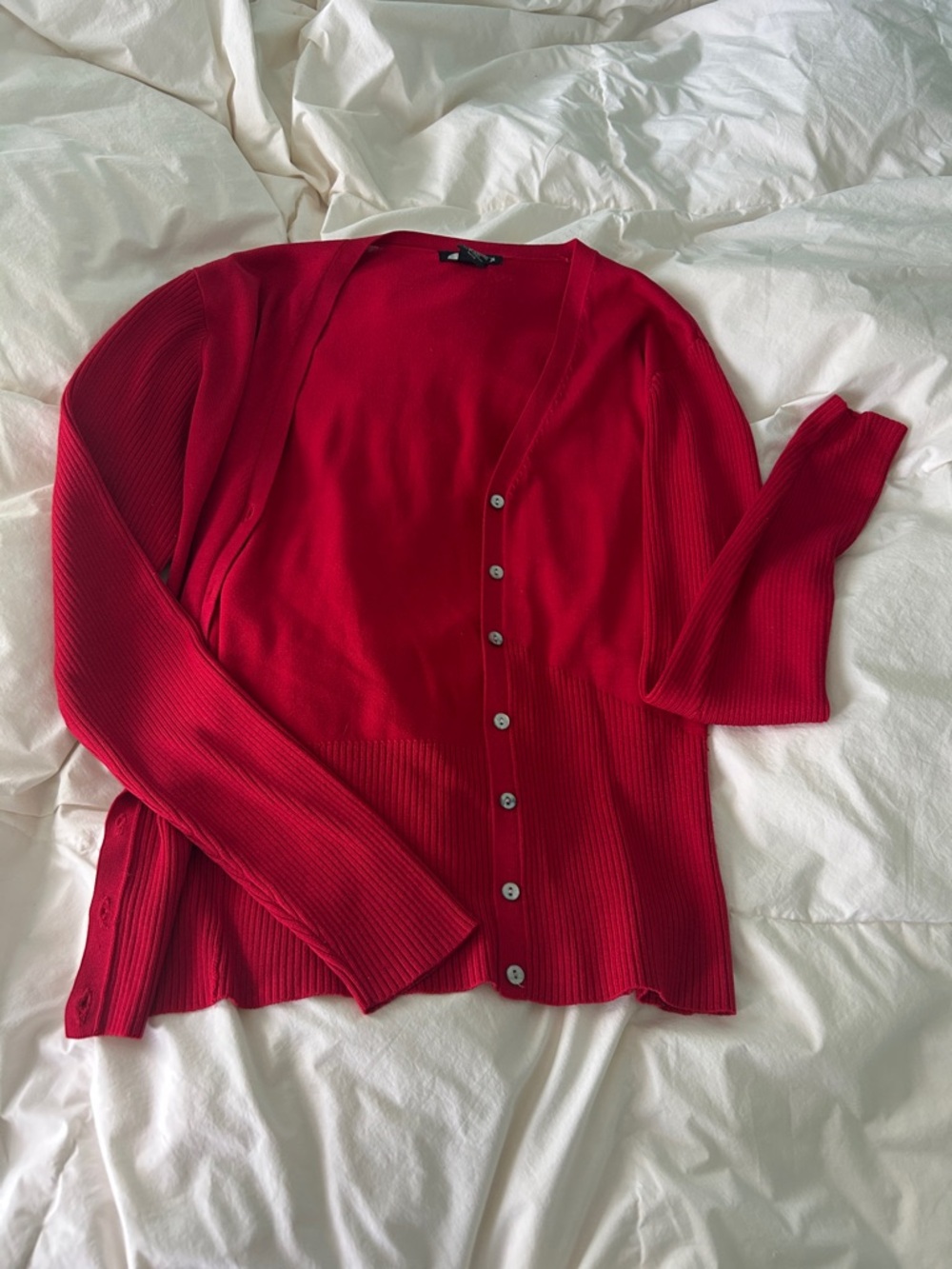 Women’s Red Ribbed Button Cardigan Sweater